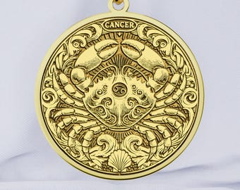 14K Gold Cancer Zodiac Necklace: Engraved Crab Medallion, Astrology Jewelry