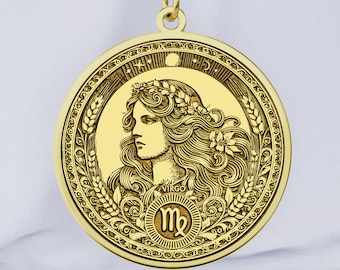 Collana Vergine in oro 14 carati: ciondolo zodiacale inciso, ciondolo celeste