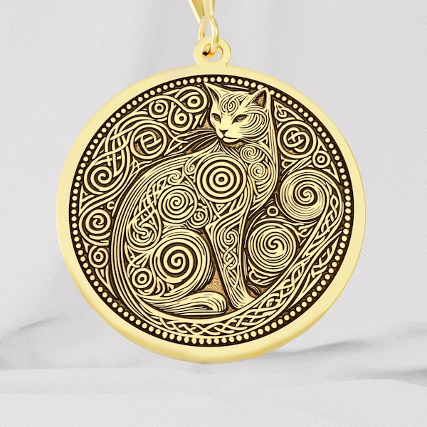 Celtic Cat Necklace, Knotwork Cat Pendant, Spiral Feline Medallion, 14K Gold or Sterling Silver