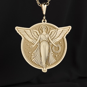 14K Gold Nike Victory Goddess Necklace | Greek Winged Medallion Pendant | Divine Strength Jewelry in 925 Silver