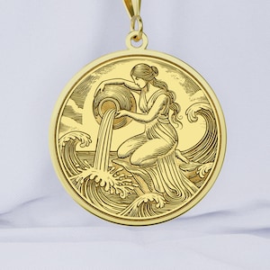 14K Gold Aquarius Zodiac Necklace – Astrology Jewelry – Aquarius Pendant – Horoscope Gift – Water Bearer Necklace