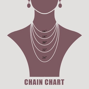 May include: A chain chart illustration showing necklace lengths from 16" to 24" on a mannequin-style bust. The text "CHAIN CHART" is displayed at the bottom in a dark purple color, with a light beige background.