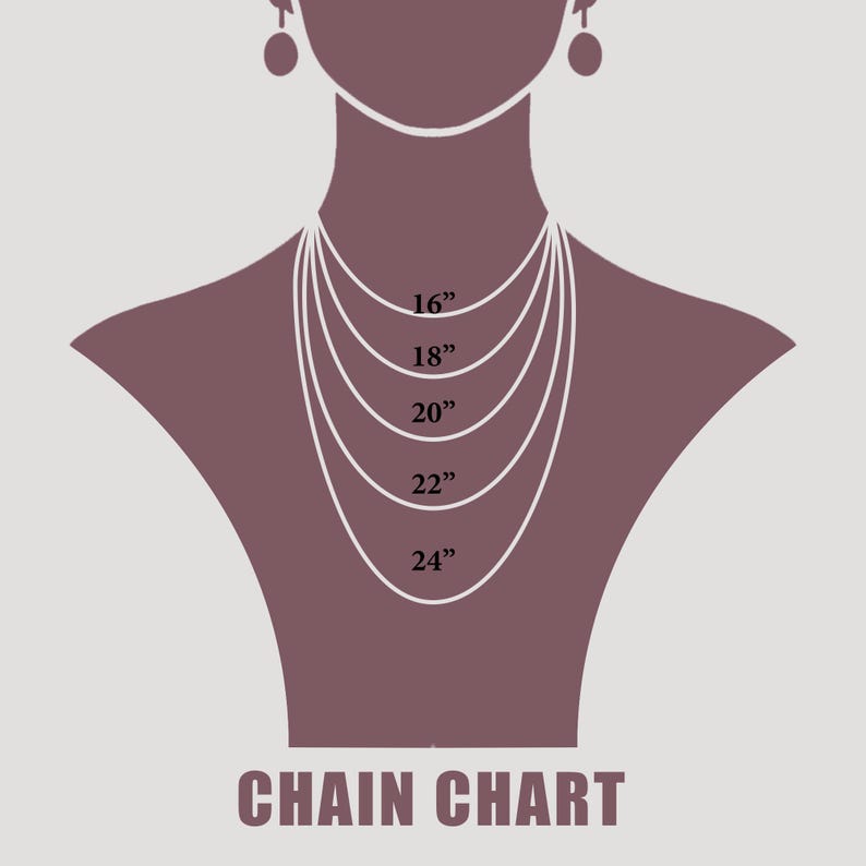 May include: A chain chart illustration showing necklace lengths from 16" to 24" on a mannequin-style bust. The text "CHAIN CHART" is displayed at the bottom in a dark purple color, with a light beige background.