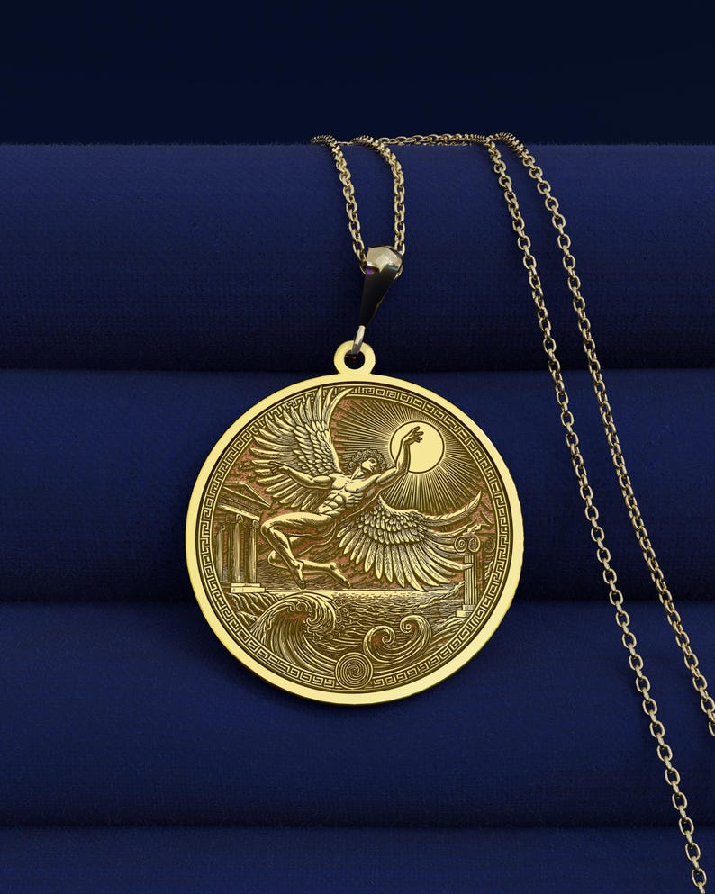 14K Gold Icarus Pendant, Greek Mythology Necklace