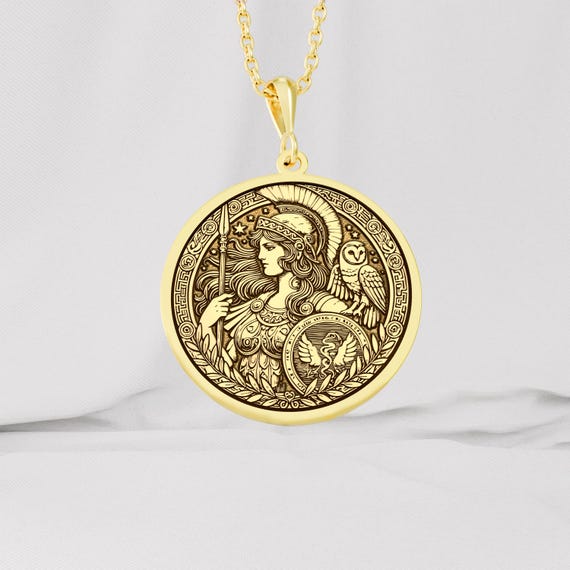 Athena Necklace, 14K Gold Greek Goddess Pendant, Personalized Mythology Jewelry