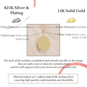 May include: A gold-colored pendant necklace with a round charm. The image shows details of the chain diameters and loop dimensions. The text indicates the necklace is available in 825K silver plating and 14K solid gold.