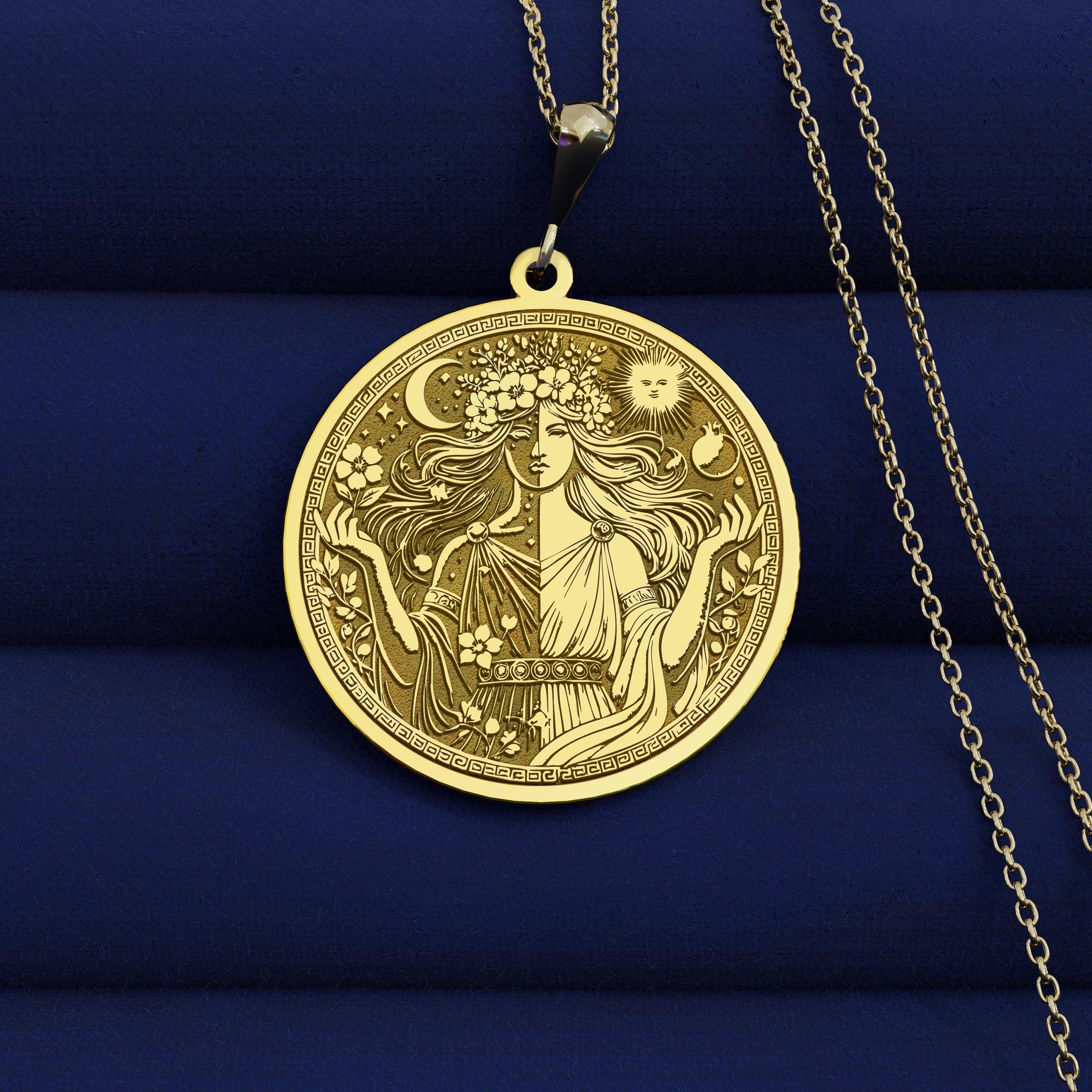 14K Gold Persephone Necklace – Duality Goddess Pendant – Queen of Underworld Jewelry – Spring Mythology Medallion – Silver Option