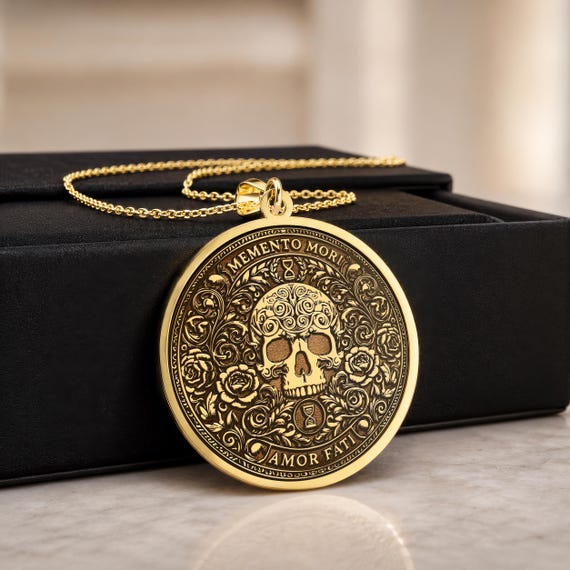 Memento Mori Necklace, Amor Fati Skull Pendant, Stoic Philosophy Medallion