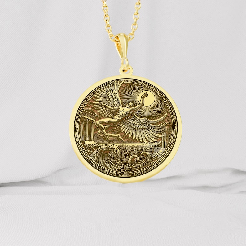14K Gold Icarus Pendant, Greek Mythology Necklace