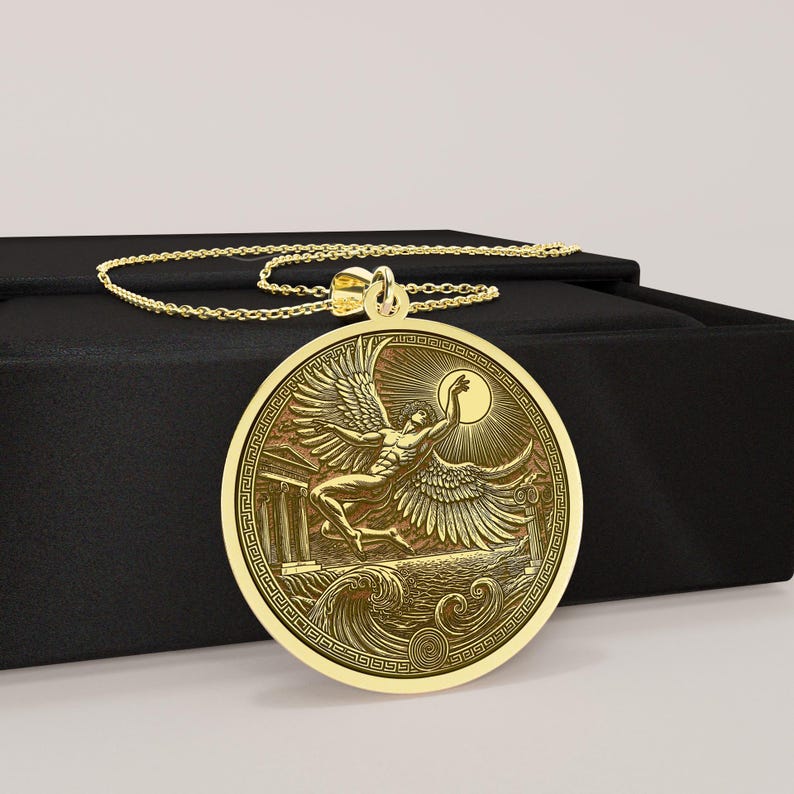 14K Gold Icarus Pendant, Greek Mythology Necklace