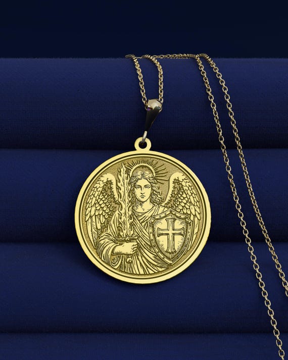 14K Gold Archangel Uriel Pendant • Fiery Sword Protection • Guardian Shield Amulet
