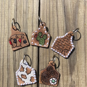 Hand Tooled & Carved Genuine Leather Cow Tag Keychain