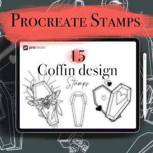 Peut inclure: Une tablette numérique affiche des tampons Procreate avec 15 motifs de cercueils. Les motifs comprennent diverses illustrations de cercueils avec des accents floraux et en forme de cœur. Le texte "Procreate Stamps" est en haut, avec "Coffin design Stamps" en dessous du chiffre 15.