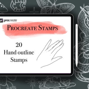 May include: A digital illustration of a hand on a white background. The image is displayed on a tablet screen with the text "PROCREATE STAMPS" and "20 Hand outline Stamps" on the screen. The tablet is surrounded by a black background with white line drawings of flowers, a dragon, and other designs.