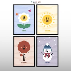 Juego de 4 impresiones artísticas de las cuatro estaciones, descarga digital, arte de pared imprimible con motivos naturales para niños, primavera, verano, otoño e invierno, arte educativo para niños