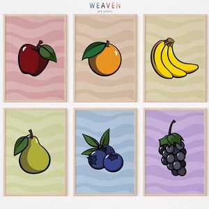 Conjunto de 6 pôsteres de frutas coloridas para decoração de parede de cozinha, download digital.