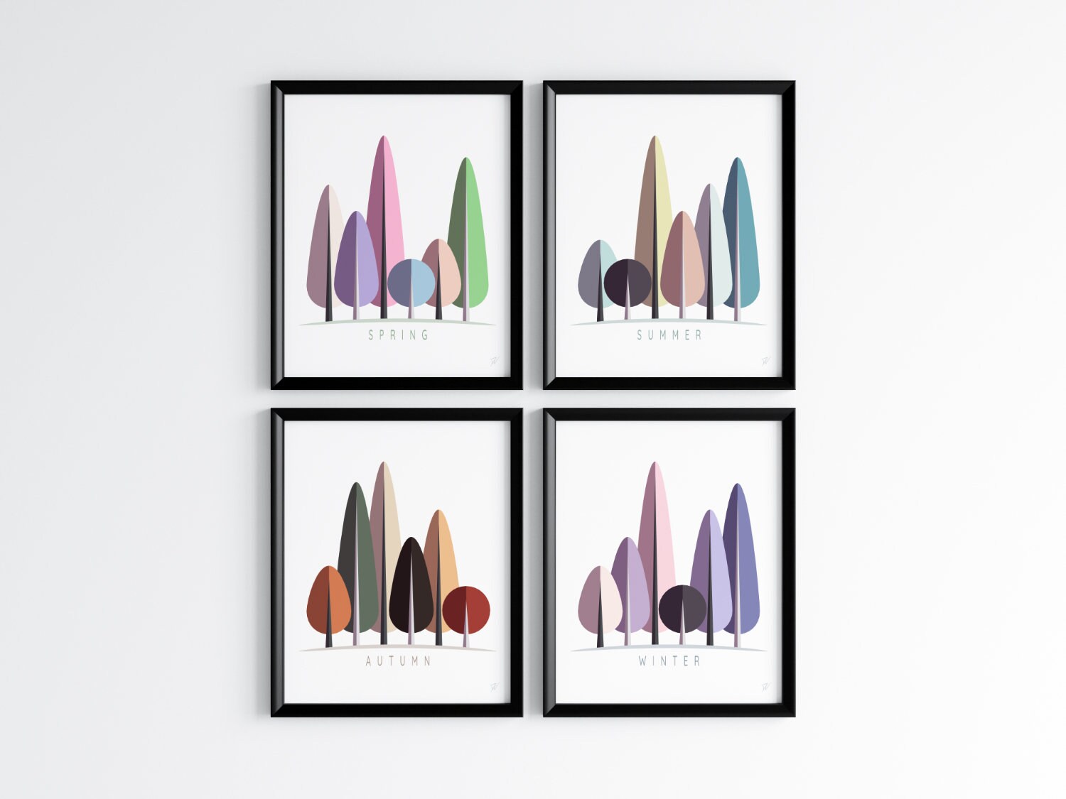 Colorful Tree Art Prints, Set of 4 Wall Prints, Four Seasons, Abstract