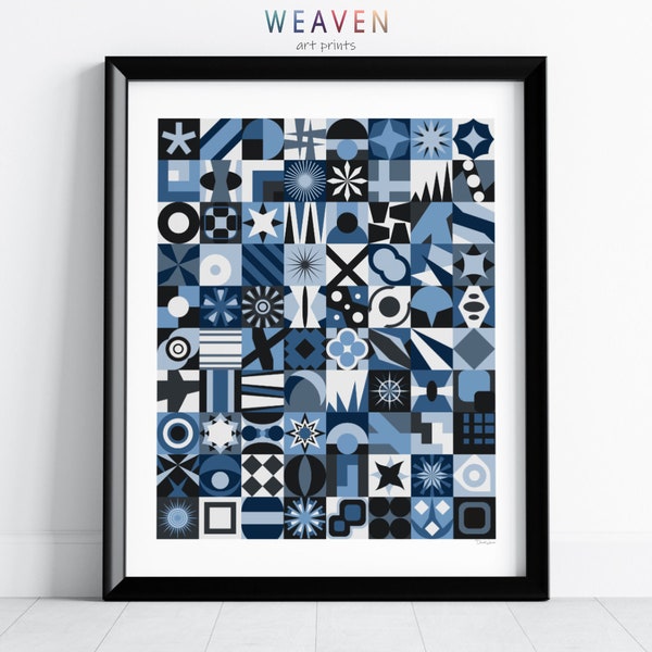 Blue Geometric Art Print, Geometric Art Shapes, Steel Blue Wall Art, Bauhaus Style, Large Blue Grey Living Room Art Print, Digital Download