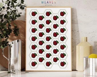 Apple Art Print, Pattern Wall Art, Kitchen Decor Ideas, Fruit Art for Kitchen, Red Apple Artwork, Honeycomb Pattern, Fruit Poster, Printable