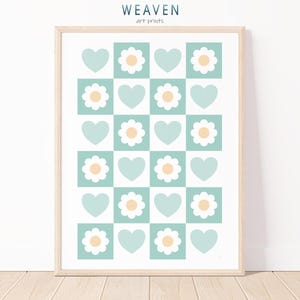 Impression d'art coeurs pastel vert menthe et fleur de marguerite, art mural moderne, téléchargement numérique