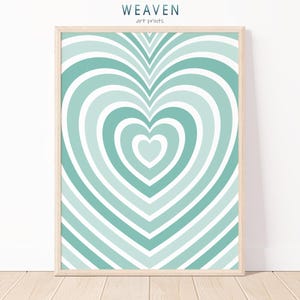 Mint Green Heart Art Print, Retro Psychedelic Wall Decor, Digital Download