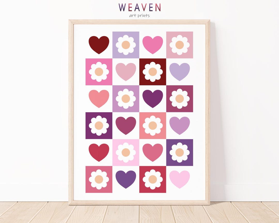 Heart and Flower Wall Art Print, Valentines Day Decor, Red Purple Pink ...