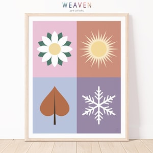 May include: A square print with four different images representing the four seasons. The top left image is a white flower with green leaves on a pink background. The top right image is a yellow sun on an orange background. The bottom left image is a brown leaf on a light purple background. The bottom right image is a white snowflake on a purple background.