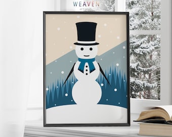 White Snowman Art Print, Abstract Snowman, Christmas Wall Decor, Holiday Season Print, Winter Home Decor, Geometric Shapes, Digital Download