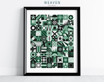 May include: A framed art print titled WEAVEN art prints featuring a grid of squares with various geometric shapes and patterns in shades of dark green, light green, black, and white. The composition includes stars, circles, and lines.