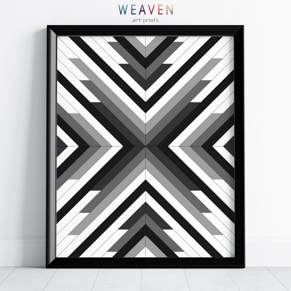 Black and White Aztec Art Print, Monochrome Wall Art, Grey Black and White, Neutral Tones, Large Printable Poster, Digital Art Download