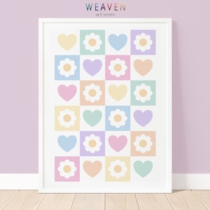 Impresión artística de corazón y flor pastel, descarga digital, arte de pared imprimible colorido, decoración estética para habitación de niña, corazones arcoíris, margarita