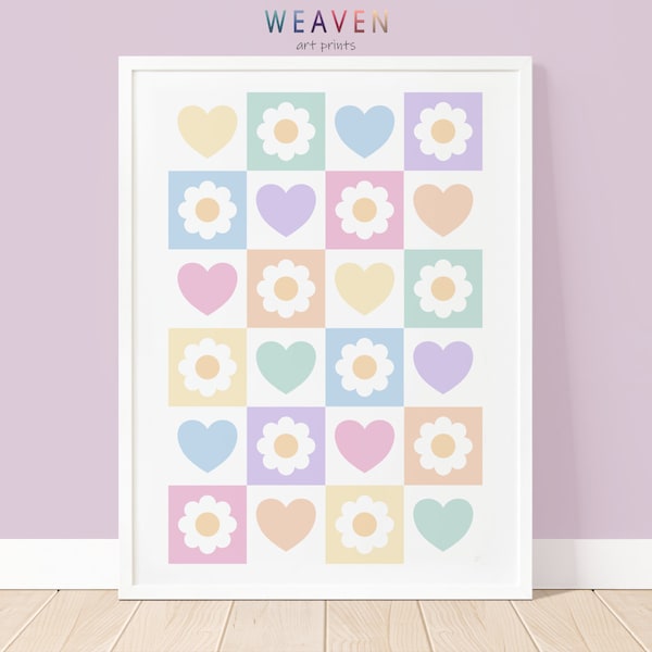 Pastel Heart and Flower Art Print, Heart Art for Baby Girl’s Room, Daisy Flower Nursery Wall Art, Pink Room Decor, Digital Art Download