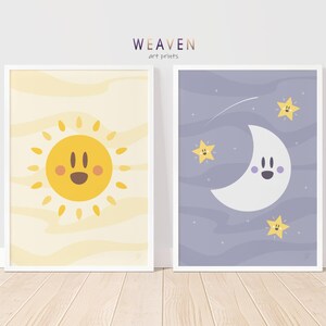 Happy Sun and Crescent Moon Art Print Set, Nursery Room Decor, Digital Download