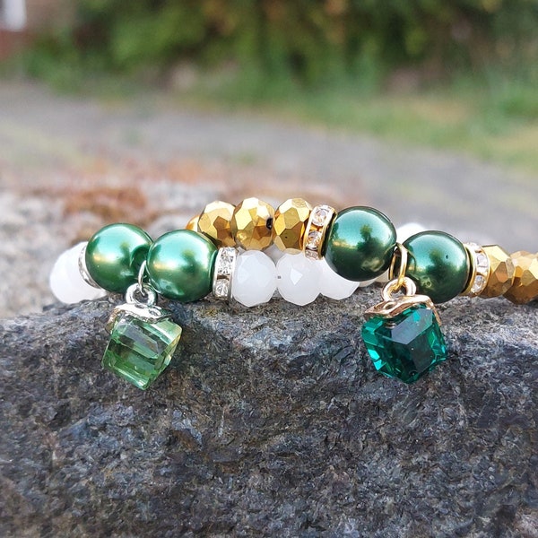 Glass Bead Bracelet Crystal Pendant Green White Gold Handmade