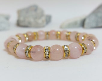 Beaded Bracelet Rose Quartz Beads Rhinestone Rondelle Handmade Gemstone Beads