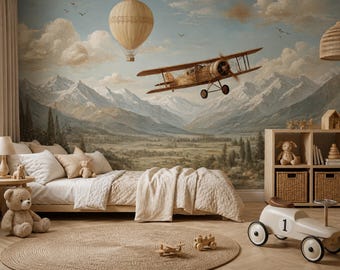 Murale da parete con aereo vintage, carta da parati per cameretta con mongolfiera, decorazione per la cameretta dei bambini con tema avventura in montagna.