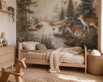 Deer Forest Wallpaper Mural, Vintage Woodland Nursery Wall Decor, Pine Tree Lake Animal Wallpaper, Neutral Kids Room Mural