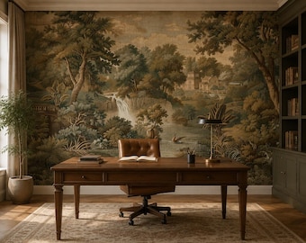 Carta da parati murale con paesaggio vintage, murale con foresta pastorale, carta da parati con lago panoramico, decorazione murale botanica verde antica