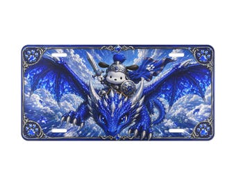 Matrícula decorativa de dragón azul con caballero / Matrícula de fantasía