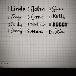 May include: A digital screen shows a grid with the names "Linda", "Terry", "Cindy", "Jenny", "John", "Carrie", "Michelle", "Marie", "Susie", "Kelly", "BOBBY", and "Katie" in black cursive font, each numbered.