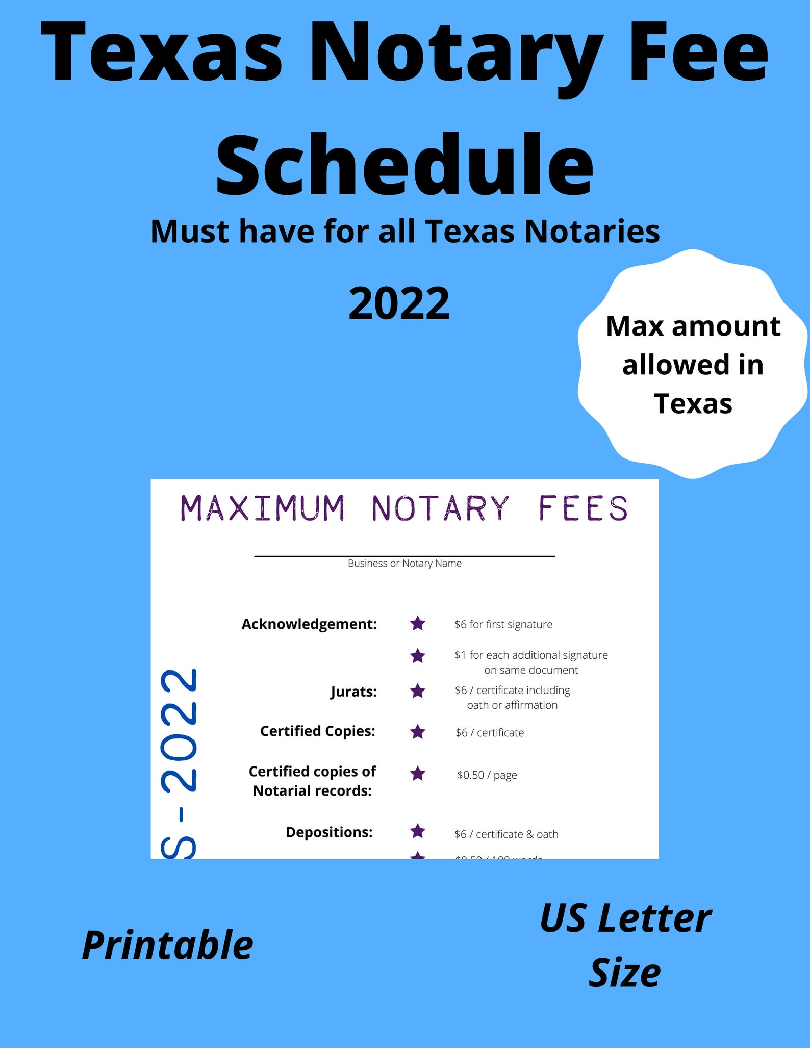 Printable Texas Notary Fee Schedule Etsy