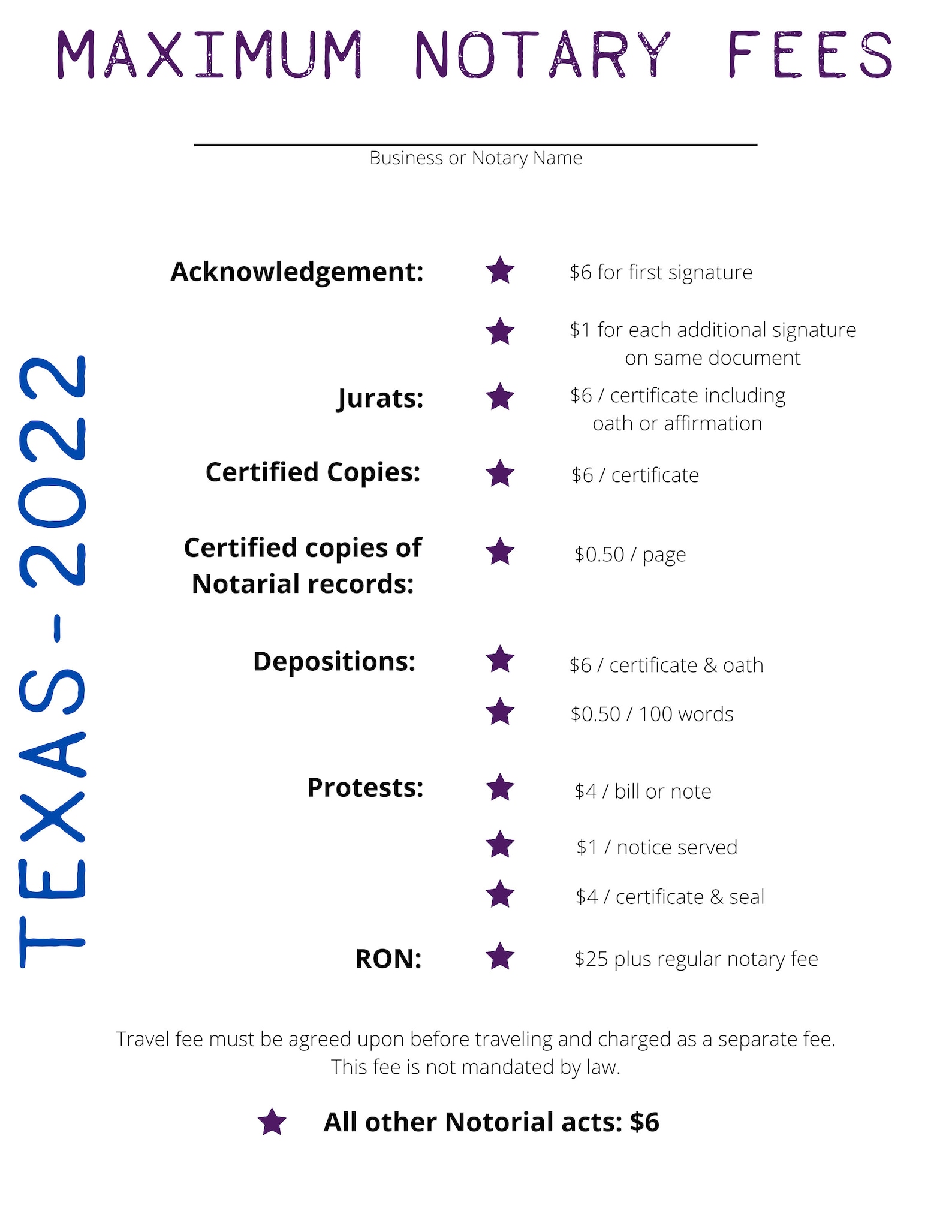 Printable Texas Notary Fee Schedule Etsy