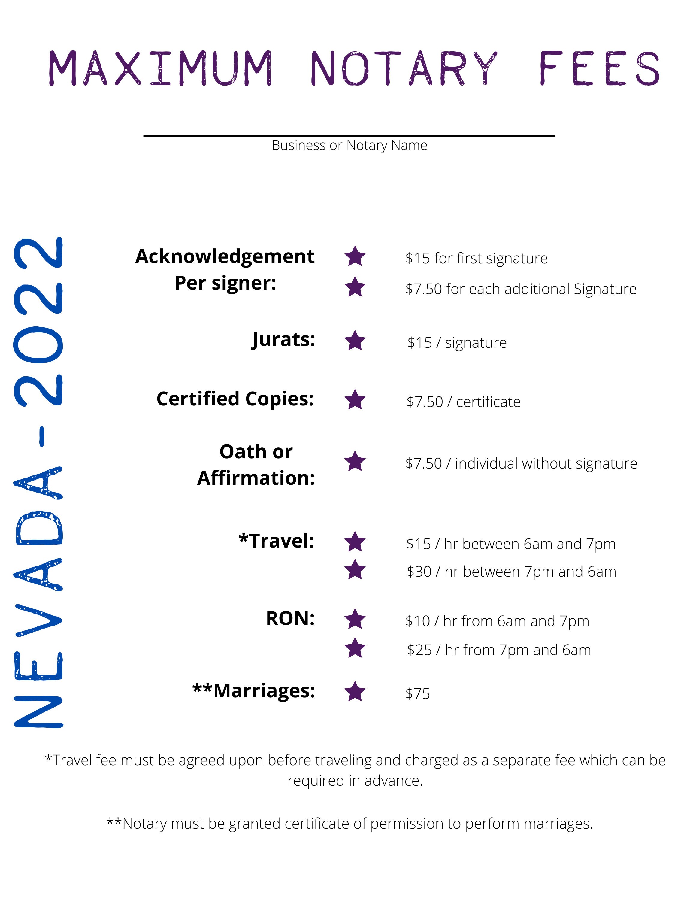 Printable Nevada Notary Fee Schedule Etsy