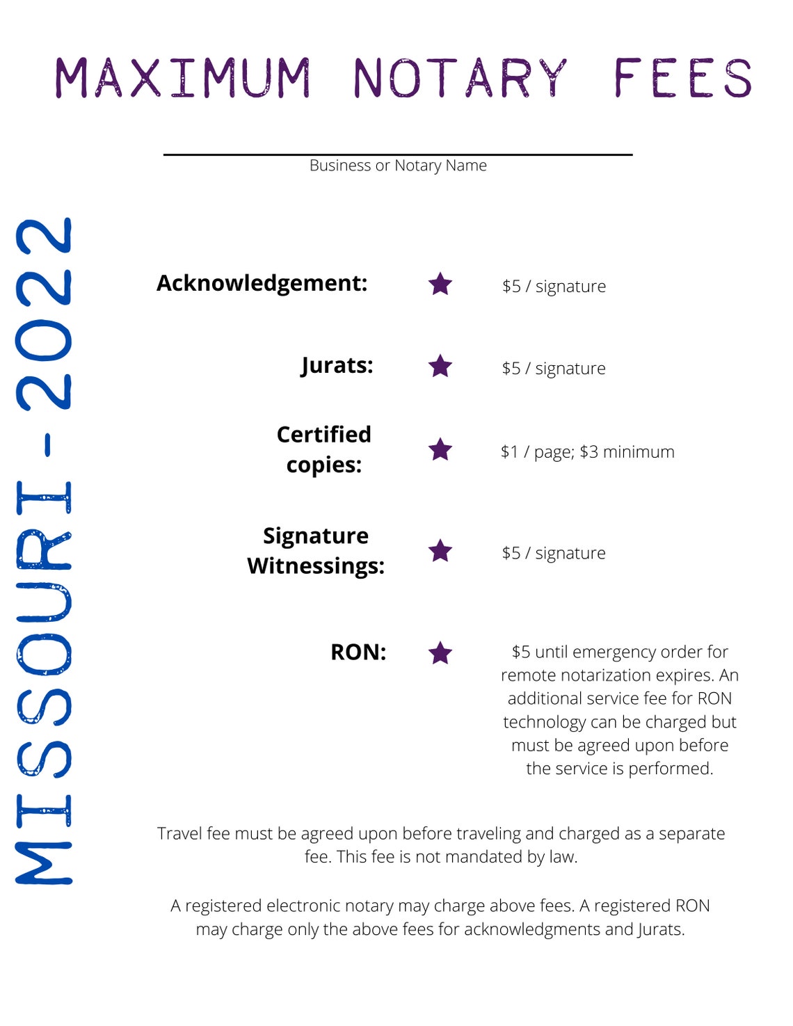 Printable Missouri Notary Fee Schedule Etsy