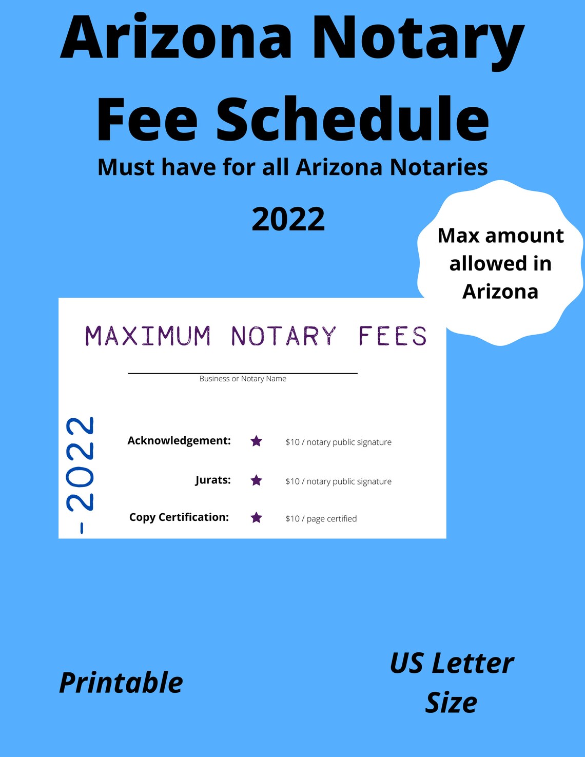 Printable Arizona Notary Fee Schedule Etsy