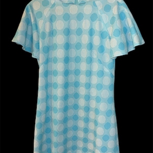 Vintage 60s Light Blue Polka-dot Short Sleeve Polyester Shift Mod Dress Handmade