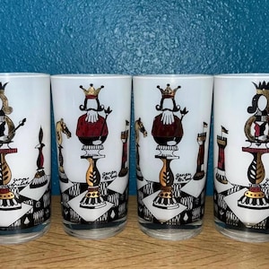 Rare 4 vintage Georges Briard king queen chess highball glasses gold trim mcm