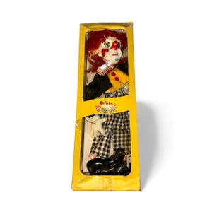 Sällsynta vintage Pelham-dockor handgjorda marionett Bimbo clownen med originalkartong