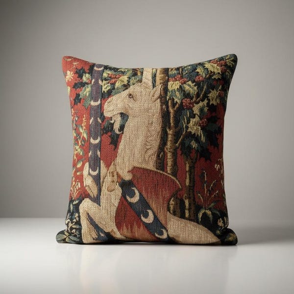 French Hand Woven AbussonLady and the Unicorn Tapestry Throw Pillow