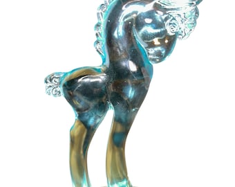 Taça Trojan Pony azul-água aposentada da Mosser Glass, 5,5 polegadas.